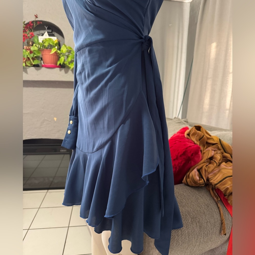 Blue Long-Sleeve Wrap Ruffle Dress - Picture 4 of 7